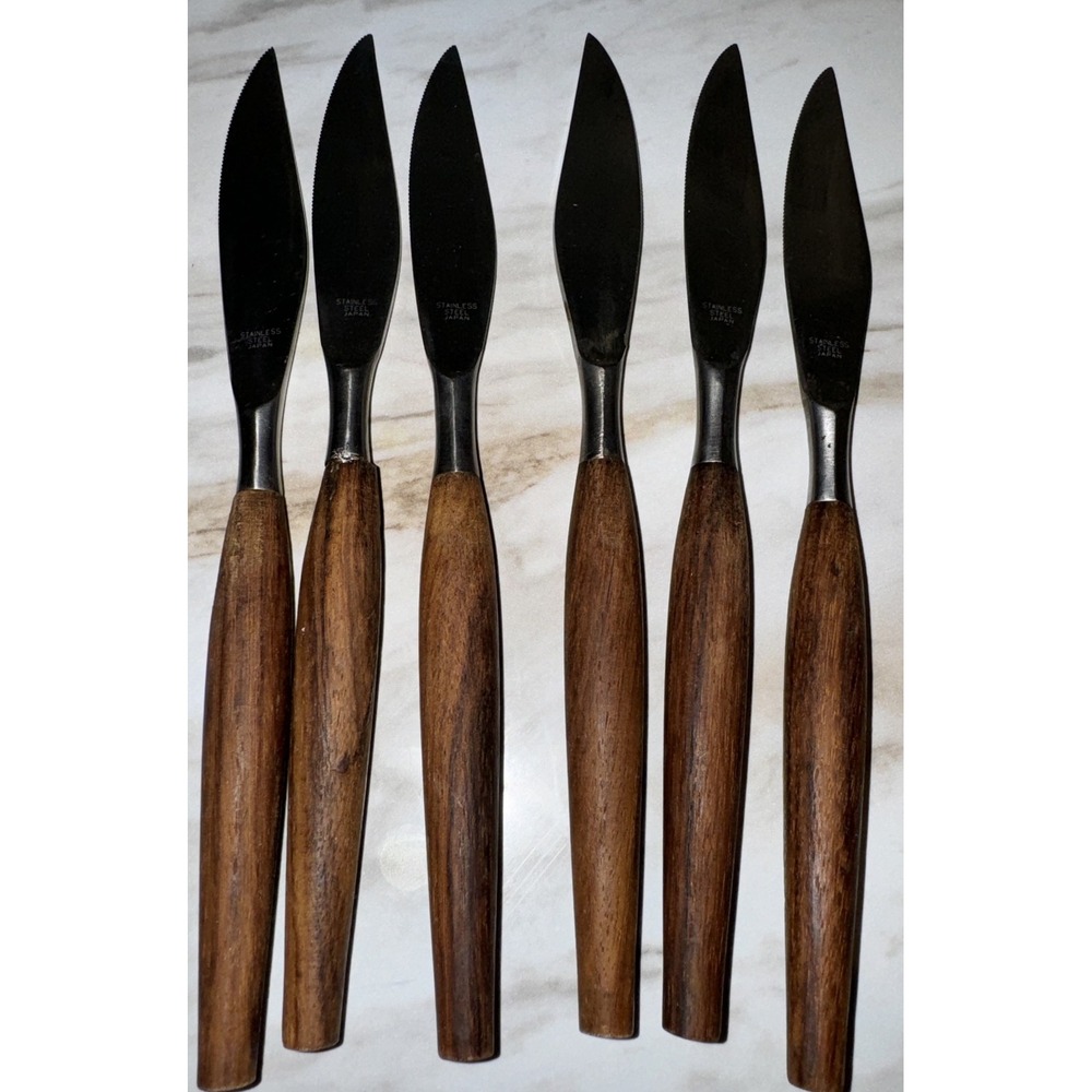 Vintage Mid Century Teak Wood Handled Table Knives Set of 6‎ Japan